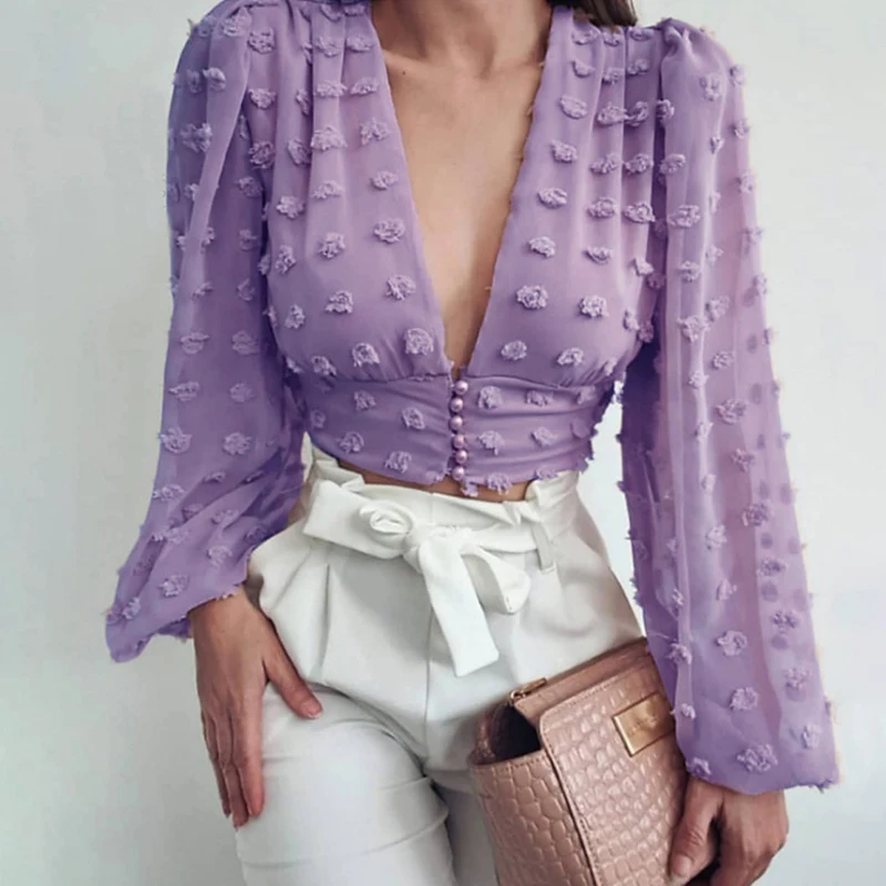 Foridol Purple Deep V Neck Blouse Shirt Women 2021 Long Lantern Sleeve Chic Sexy Shirt Elegant