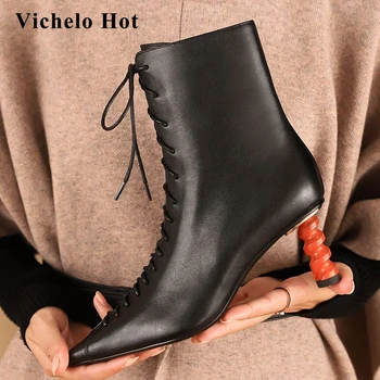 

Vichelo Hot high street fashion natural leather winter shoes small square toe high strange heel popular modern ankle boots L75