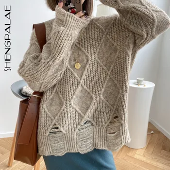 

SHENGPALAE 2020 Autumn New Women's Korean Sweater Large Size Round Neck Long Sleeve Purple Hole Knitted Pullovers Fashion ZT1396