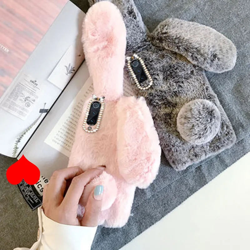 Силиконовый чехол с пушистым кроличьим мехом для Xiaomi Mi 9T A3 A2 lite Note 10 Redmi 9A 9C 8A 7A 4X 6 8T