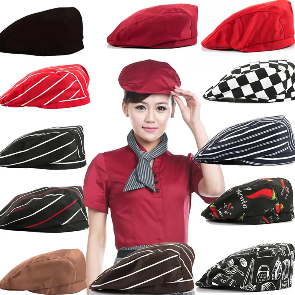 

Striped Grid Print Cap Professional Kitchen Catering Waiter Cook Chef Hat