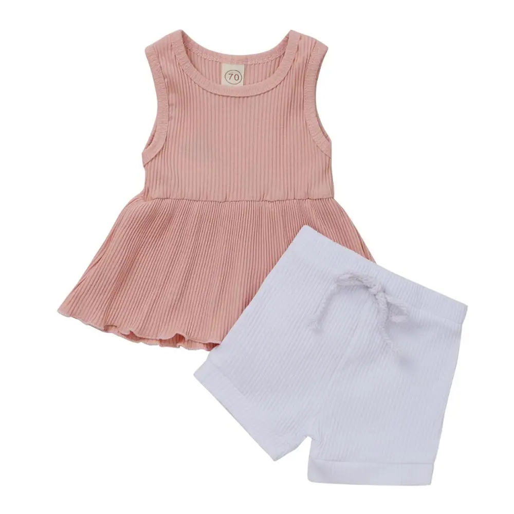 

New 2Pcs SummerBaby Clothing Toddler Newborn Baby Girls Clothes Set Sleeveless Knitted Shirt Top Bottoms Shorts Ribbed Outfits