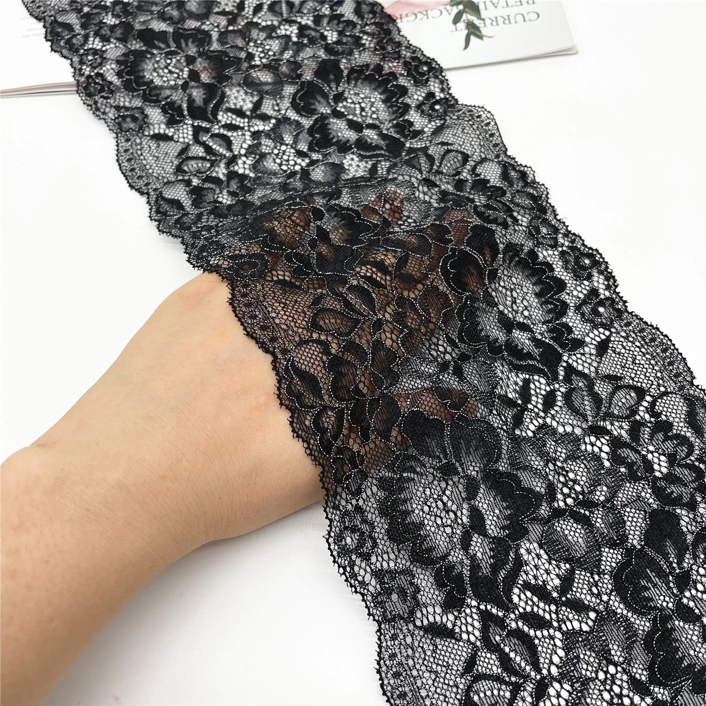 3y/Lot Width 15cm Black Silver Elastic Stretch Lace Trim 4