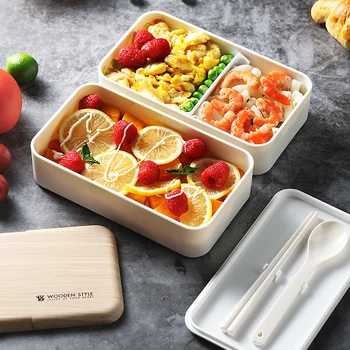 

Portable Tableware Food Storage Container Microwave Sushi Box with Elastic Bandage Salad Bento Double LayerWood Grain Lunch Box