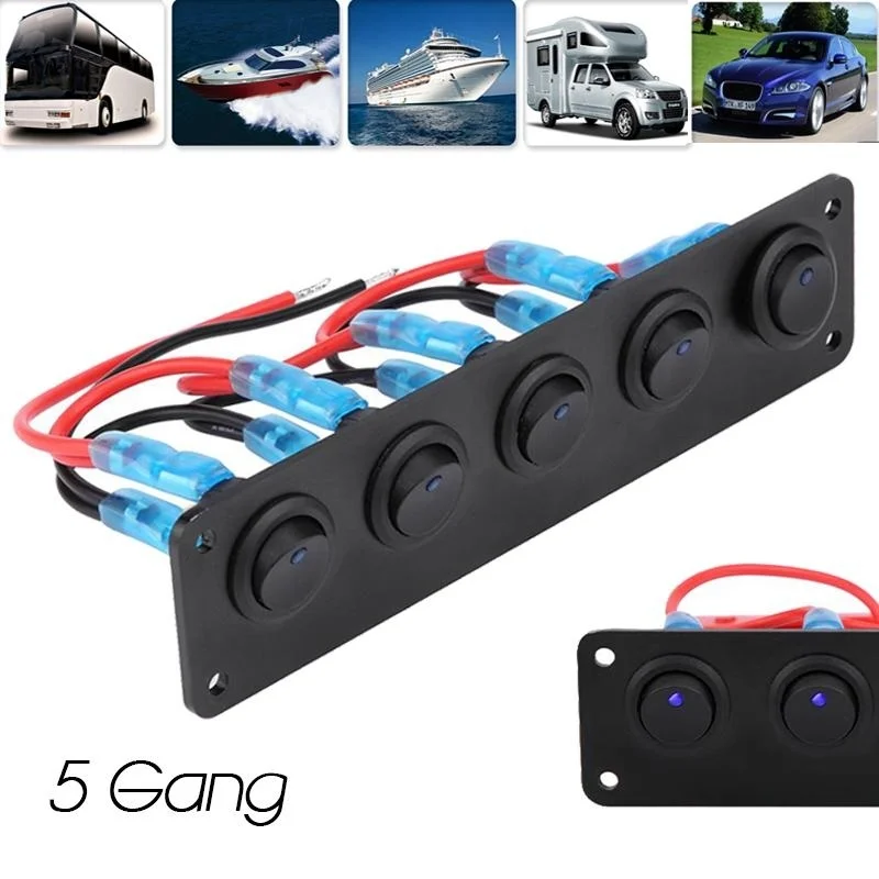 

12-24V 5 Gang Round Dash Rocker Toggle Switch Panel Blue LED For RV Boat Yacht Marine Car Auto