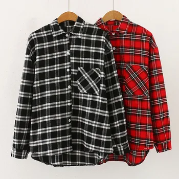 

Women Vintage Spring Autumn Plaid Print Lapel Shirt Loose Single-breasted Long Sleeve Casual Blouse