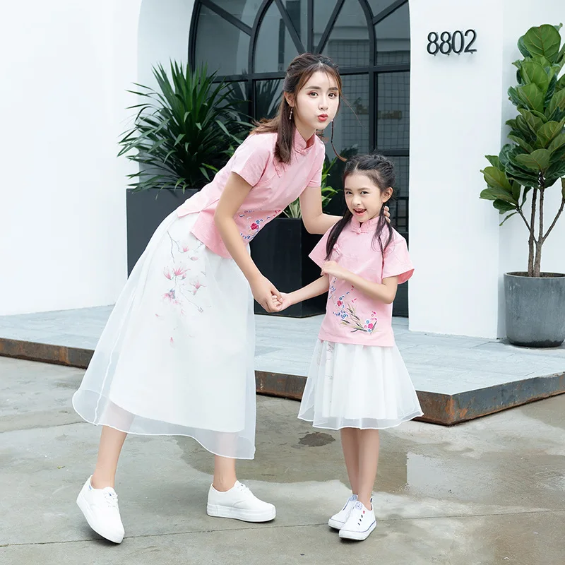 

Ethnic Literature And Art Retro 2019 New Style Cotton Linen Embroider Jacket Chiffon Skirt Parent And Child Mother-daughter Matc