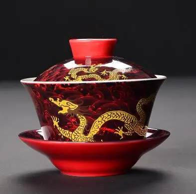 Керамический красный/белый/желтый дракон Gaiwan чайный сервиз фарфоровая чашка кунг-фу чайная чашка ручной окрашенный чайный чаша красивый чайник - Цвет: 04