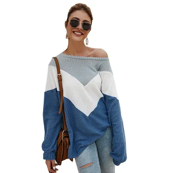 

Women Knitted Loose Sweaters 2020 Autumn Winter O Neck Long Sleeve Color Collision Patchwork Pullover Tops Casual Female Sweater