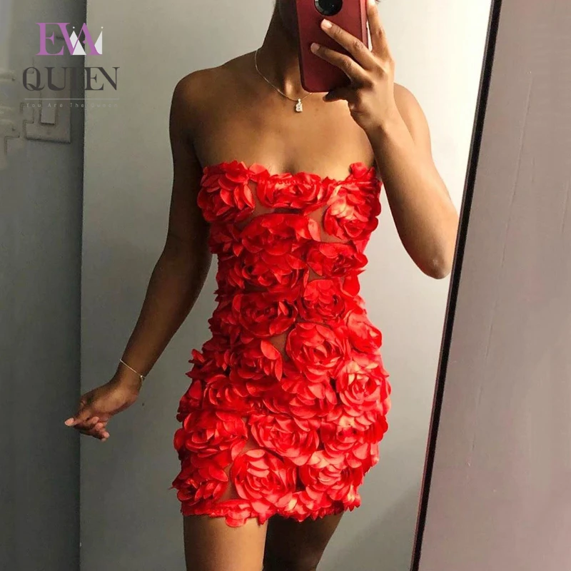 EvaQueen 2019 красный Мини сексуальное платье для женщин вечерние аппликации Bodycon