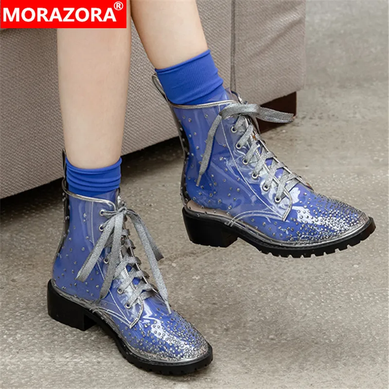

MORAZORA 2020 large size 33-41 autumn ankle boots low heel square toe lace up transparent women boots high quality women boots