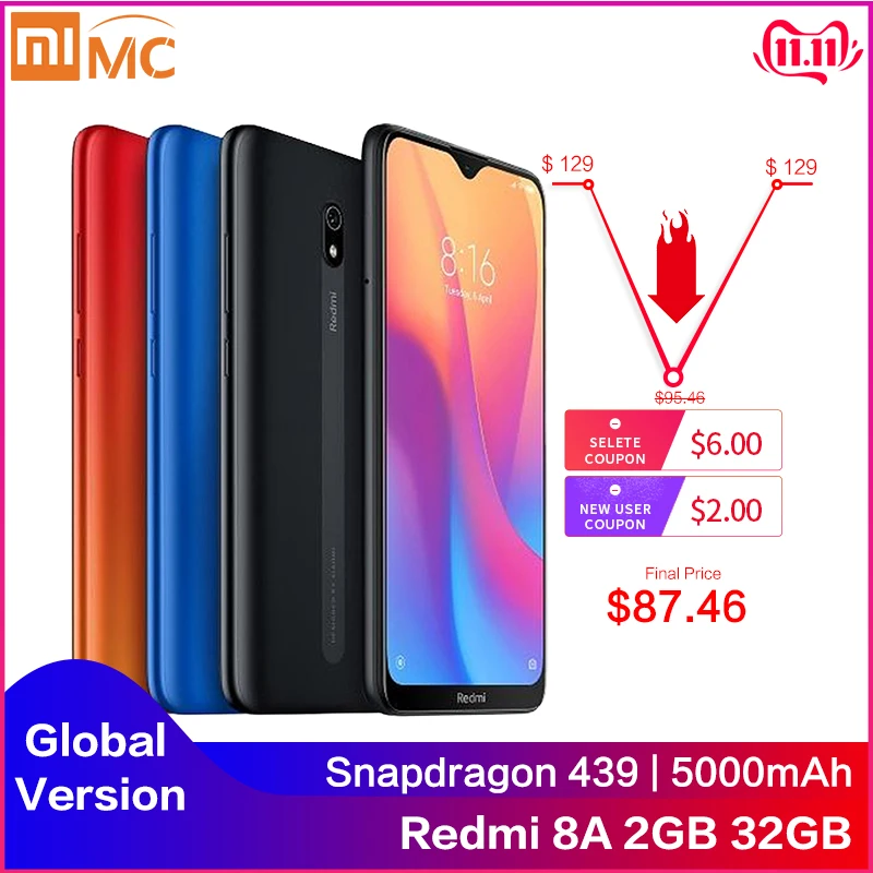 

Global Version Xiaomi Redmi 8A 2GB 32GB 5000mAh 6.22" Water Drop HD Mobile Phone 12MP Camera Snapdargon 439 Octa Core Smartphone