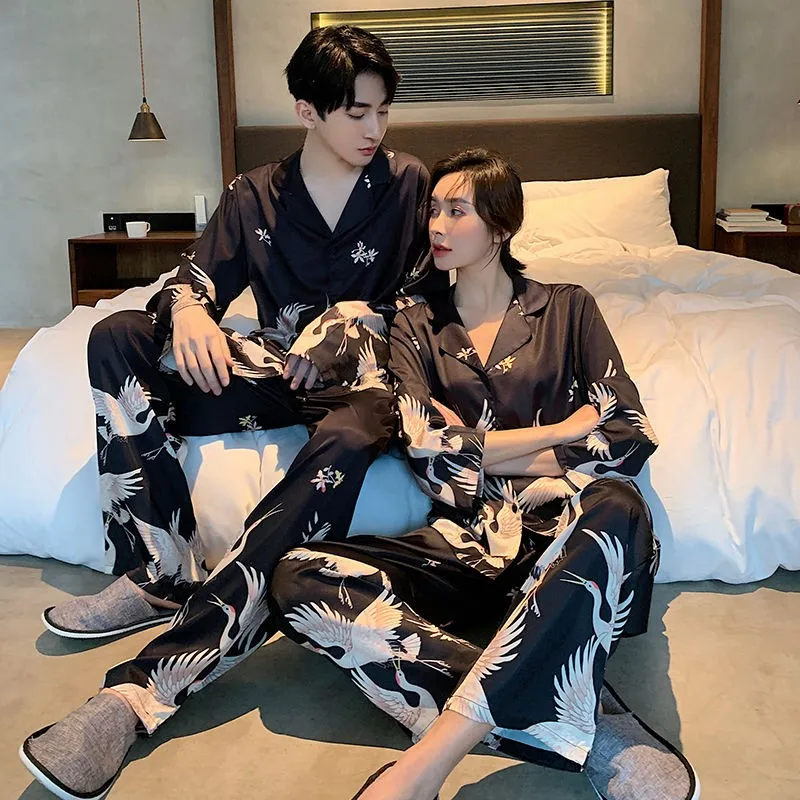 Men Women Lovers Comfortable Pyjamas Plus Size 3XL Long Sleeve Casual Home Wear Autumn Silk Couples Pajama Set Leisure Sleepwear