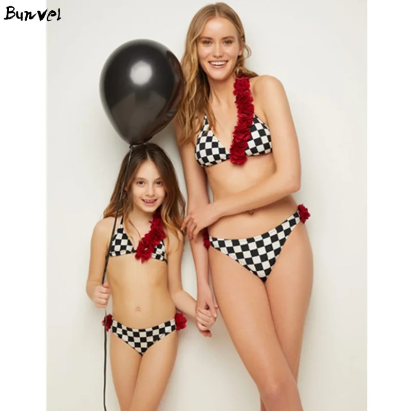 Bunvel Mommy and Me, танкини, купальник для женщин, высокая талия, купальник, 3D цветок, ремень, плед, принт, летняя пляжная одежда, купальник