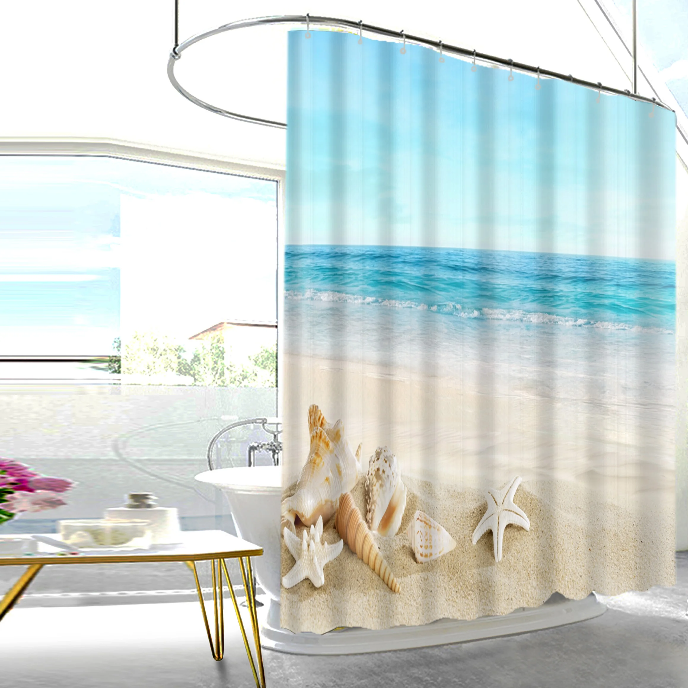72 72 Inch Beach Theme Shower Curtain With 12 Hooks Waterproof