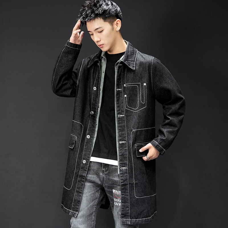 New denim jacket long section spring and autumn coat coat handsome male hole loose
