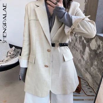 

SHENGPALAE 2020 New Fashion Spring Winter Blazer For Women Solid Suit Collar Loose Casual With Belt Commuting Jacket Female A517