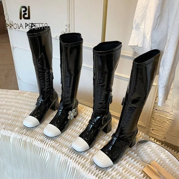 

2020 Autumn Winter Black White Stitching Patent Leather Boots Women ThickHeel SquareToe Elegant Princess Style Knee-length Boots