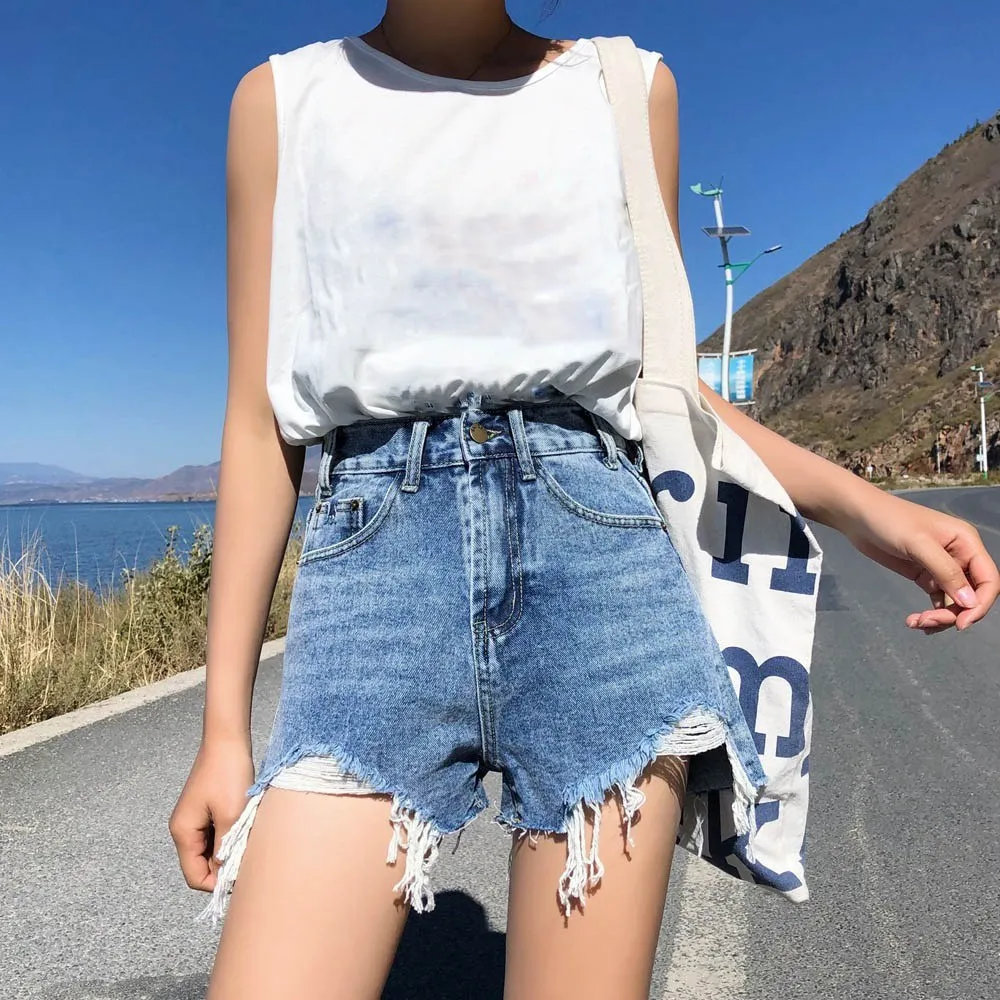 2019 Модные женские летние Рваные джинсовые шорты с высокой талией однотонные мини-шорты с кисточками и карманами повседневные шорты