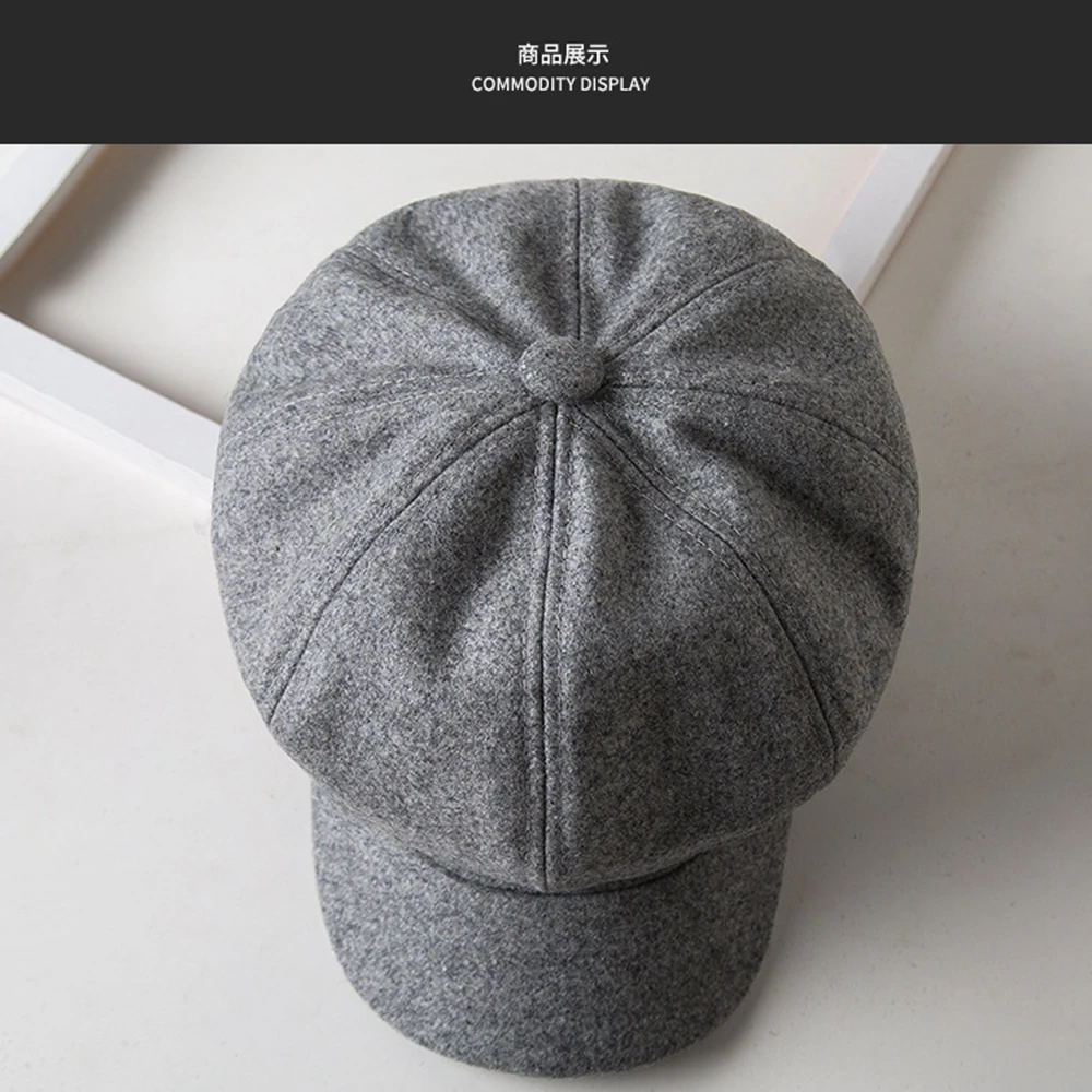 Fashion women's wool beret hat British style retro solid color octagonal hat female winter thick warm hat visor - Color: Gray