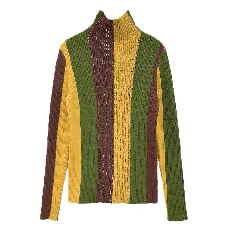 

2020 autumn/winter new color-striped knitted sweater women's long-sleeved body-shaving European high-neck sweater tide.
