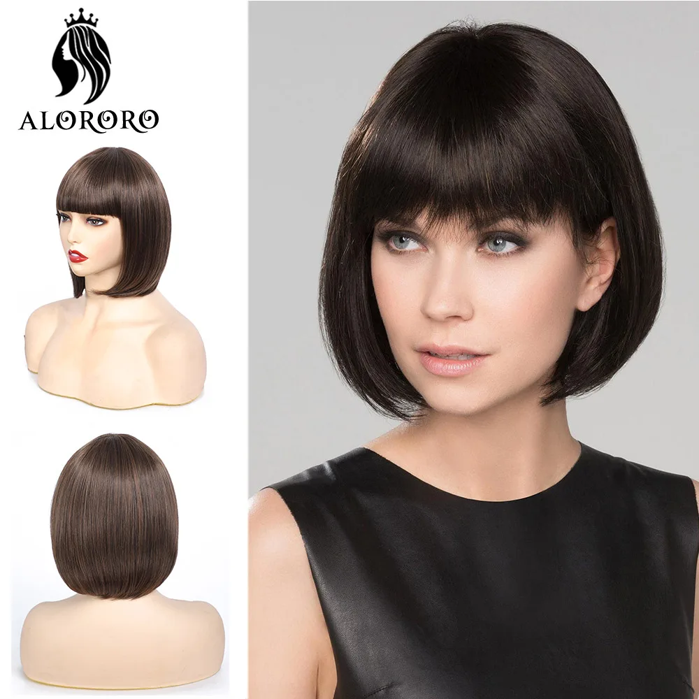 Alororo-Peluca de Bob corto sintética con flequillo para mujeres negras, pelo negro Natural de 10 pulgadas, para fiestas y uso diario
