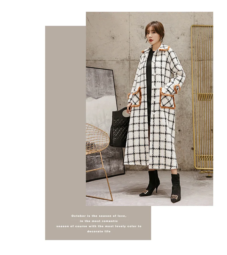 Женское зимнее длинное пальто для подиума, фирменное Женское пальто, бежевое клетчатое пальто, черное твидовое пальто с рисунком "гусиная лапка", дизайнерское шерстяное роскошное пальто