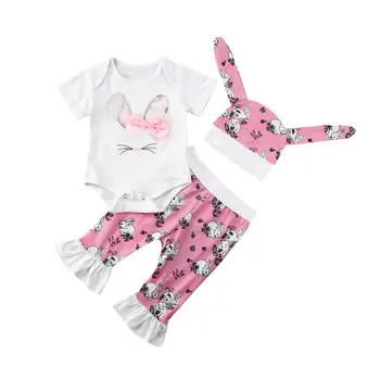 

3PCS Newborn Baby Girl Cotton Clothes Short Sleeve Top Romper Jumpsuit Ruffle Cute Rabbits Printed Pants Leggings Hats Bebes Set