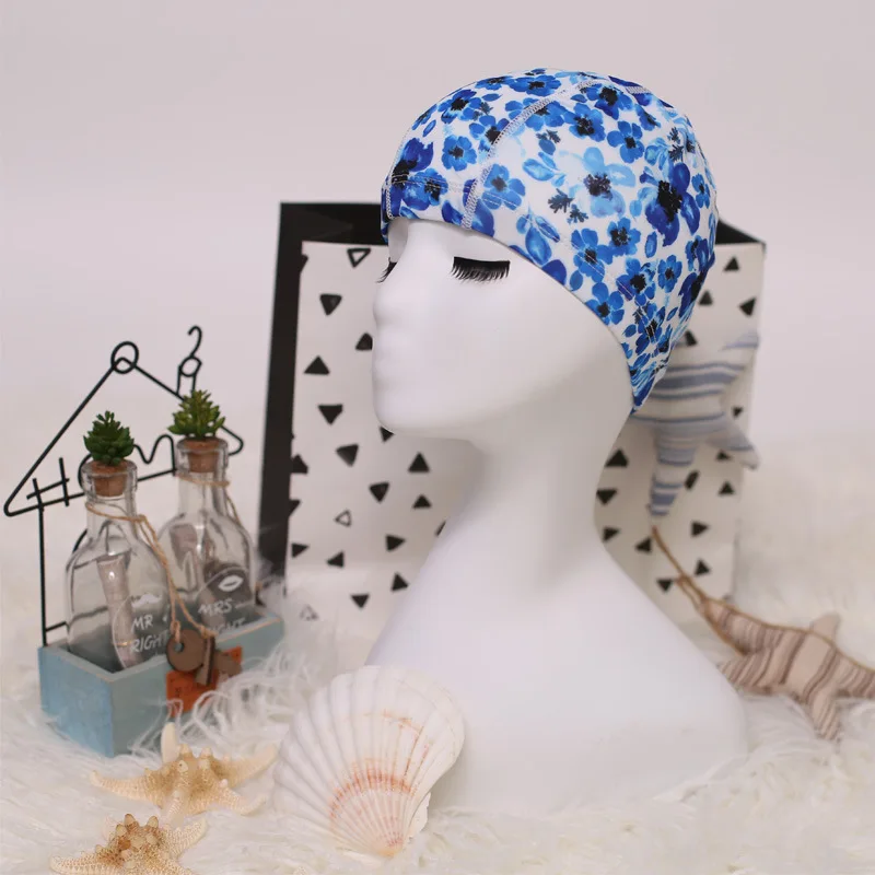 Flower Print Fabric Swimming Cap Swiming Pool Protect Long Hair Ears Hat Swim Bathing Hats Caps for Women Men Adults Ladies Hat