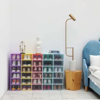 

6Pcs Plastic Shoe Box Stackable Foldable Shoe Organizer Drawer Storage Case with Clear Door Flipping Lid Ladies Men 34x24x14cm