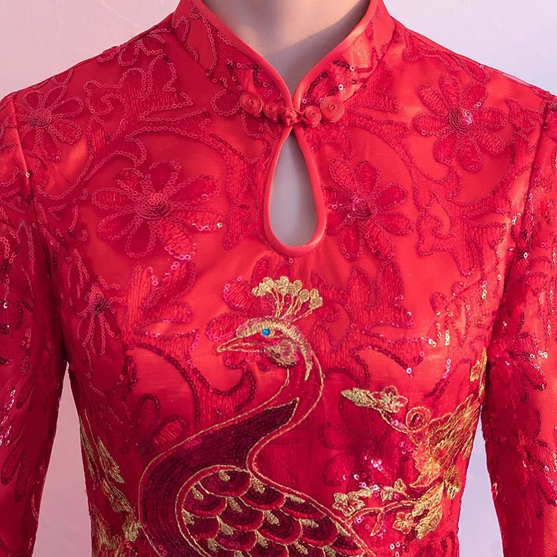 Красный невесты Мини Cheongsam женские вечерние платья Восточный Свадебный с блестками Qipao элегантный в китайском стиле короткая одежда Vestido S-4XL