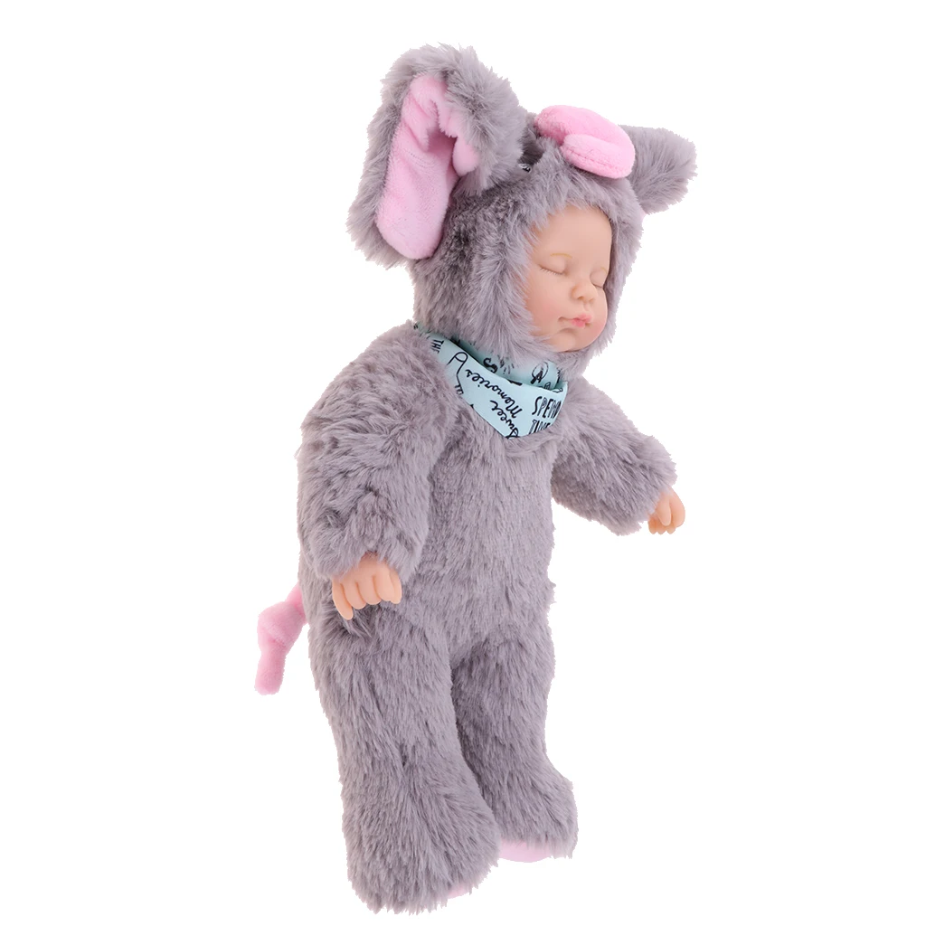 25cm Mini Stuffed Baby Doll Toys Silicone Reborn Baby Lifelike Kids Toys Sleep Reborn Doll Birthday Gifts (Gray Elephant)
