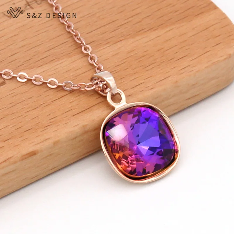 S&Z DESIGN New Fashion Trendy Square Crystal Pendant Necklace For Women Wedding Party 585 Rose Gold Color Jewelry Gift