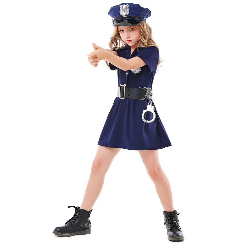 

2021 Blue Police Woman Costume for Girls Halloween Carnival Costume for Kids Full Sets Props