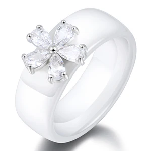 Серебро CZ Кристалл Женское кольцо Bling белый камень форма цветка здоровые керамические кольца модные женские рождественские ювелирные изделия подарок - Цвет основного камня: White