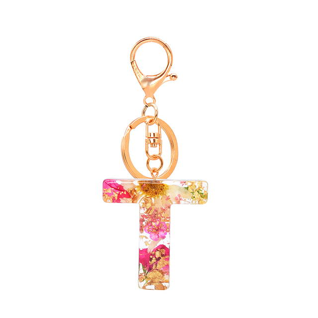 Dried Flower Letter Keychain Creative Colorful 26 English Letter Initial Resin Handbag Keyring Accessories For Women