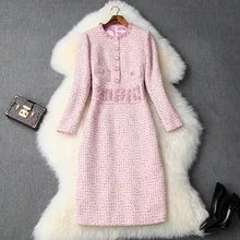 Европейская и американская женская одежда зима стиль с длинным рукавом Изысканные пуговицы шпильки розовый блестками твидовое платье