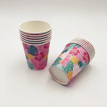 

12pcs/lot Hawaii Palm Leaf Pineapple Summer Tropical Theme Paper Cups Grid Disposable Drinking Cups For Birthday Wedding Party D