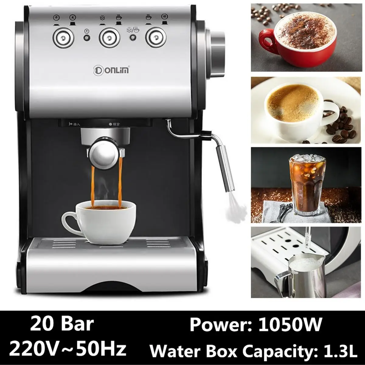 DL-KF500 Semi Automatic Coffee Machine Maker Coffee Maker 3In1 Kitchen 1.5L Barista Espresso Machine Milk Steamer