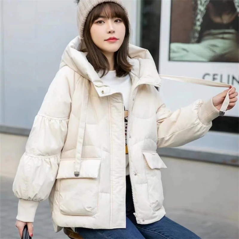 

New winter white duck down jackets shining loose fashion hooded jacket women black white red long sleeve short coat