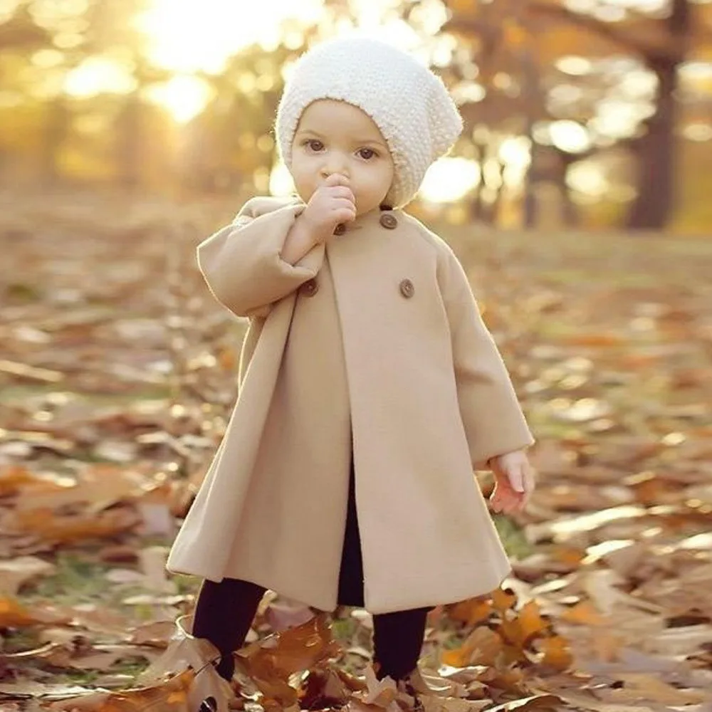 Осенне-зимняя верхняя одежда для маленьких девочек, плащ на пуговицах, однотонная Куртка теплое пальто с длинными рукавами Повседневная модная одежда подходит для От 6 месяцев до 3 лет и девочек