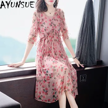 

AYUNSUE100% Real Silk Summer Dress Floral Elegant Dress for Women Boho Butterfly Sleeves V- Neck Ruffle Vestidos 68976 Pph01