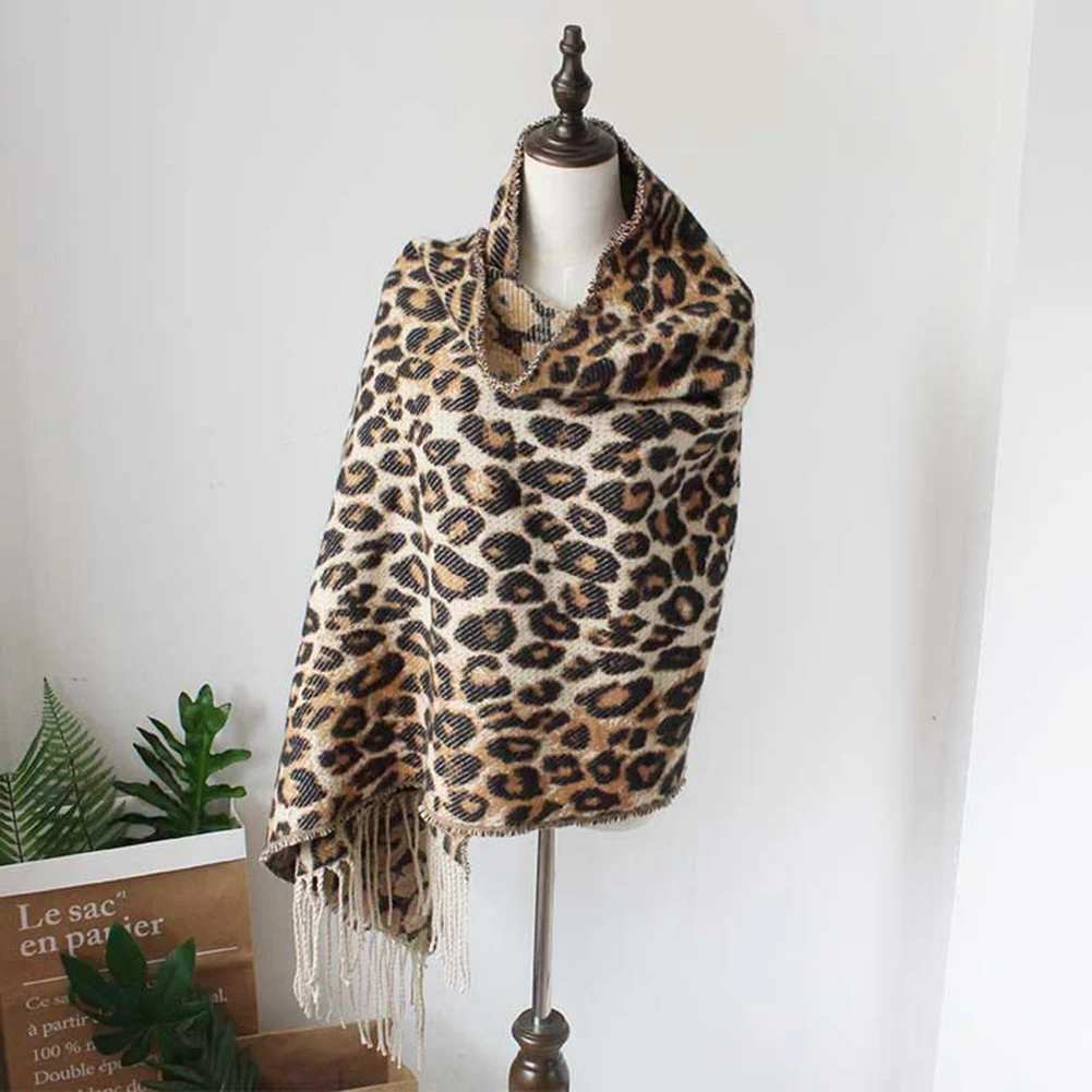 Bohisen winter accessories Woman's Fashion Leopard Print knitting Scarf Soft Warm Large Size with Tassel Ornaments Scarf Shawl