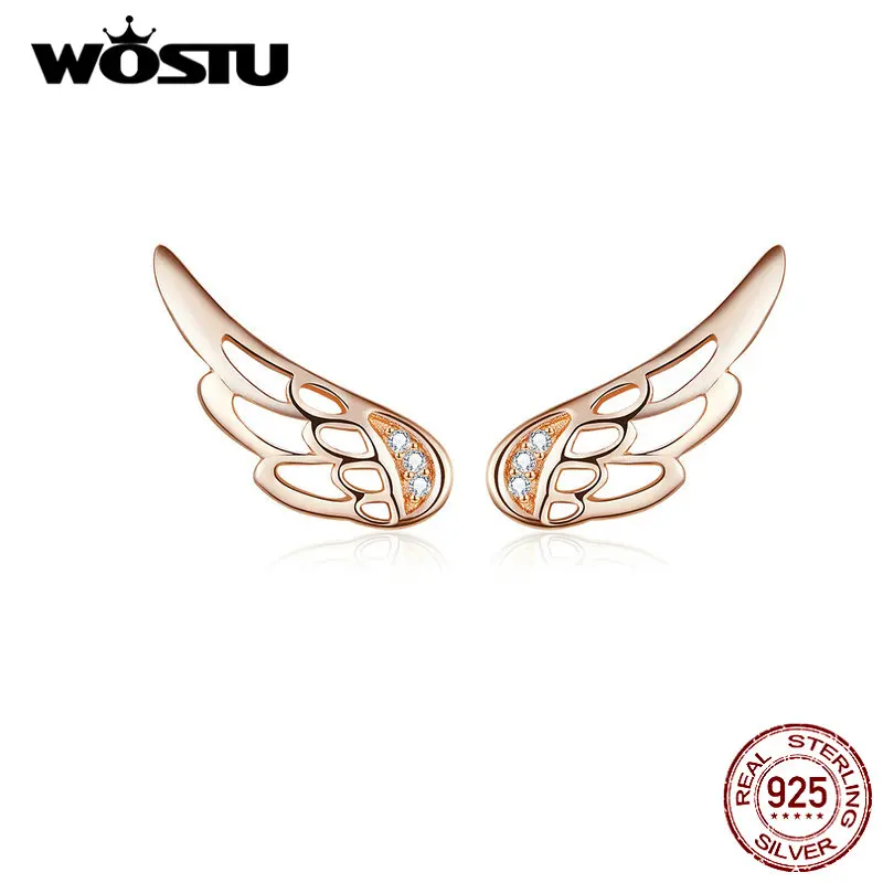 

WOSTU Genuine 925 Sterling Silver Fairy Wings Stud Earrings For Women Rose Gold Earrings Wedding Engagement Jewelry CQE343-C