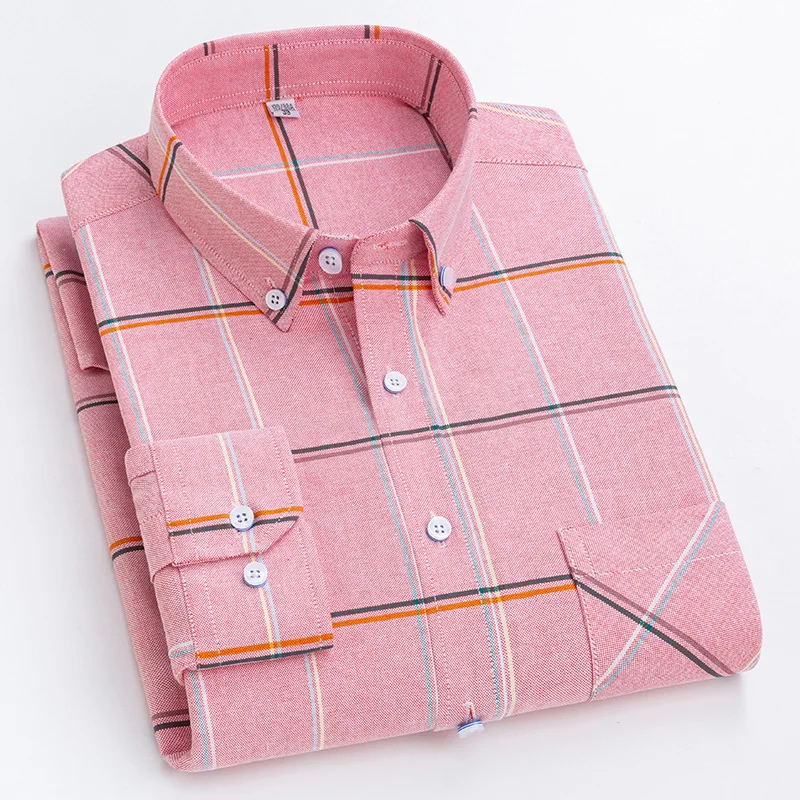 S-4XL Mens Oxford Plaid Casual Dress Shirt For Men Long Sleeve Front Patch Chest Pocket Regular-fit Button-down Thick Work Shirt