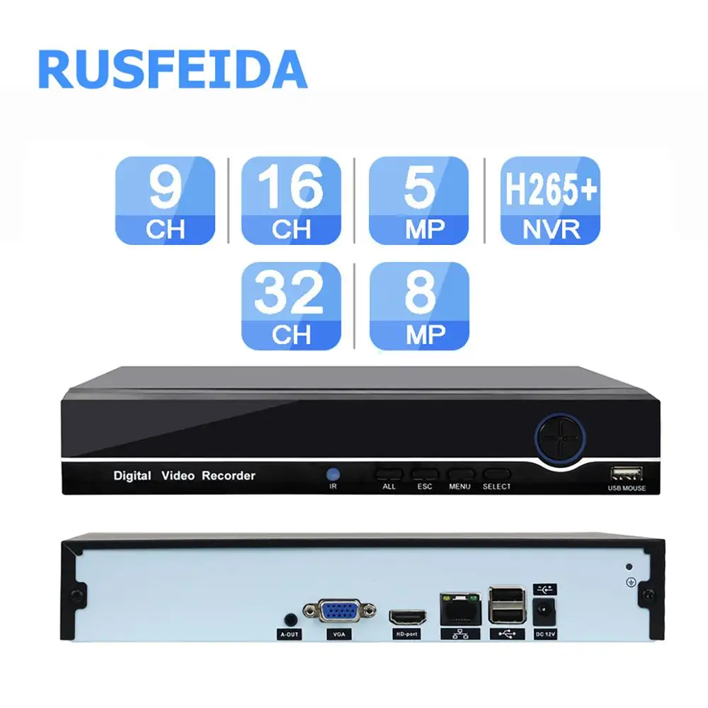 RUSFEIDA распознавание лица 5MP 9CH 16CH 4K 8MP 32CH цифровой видеорегистратор H.265 + NVR для ip