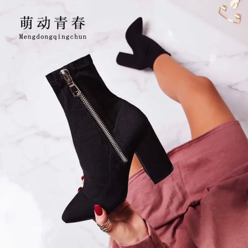 

Size 35-42 New Autumn Winter Women Boots Fashion Pointed Toe Flock Black Zip Women Ankle Botos Mujer Square High Heeled Boots