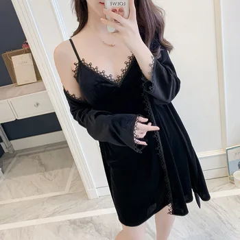 

Full Sleeve Sleepwear Sexy Pajamas Kimono Bathrobe Gown For Female Solid Colour Home Dressing Gown Women Nightgown 2pcs Negligee