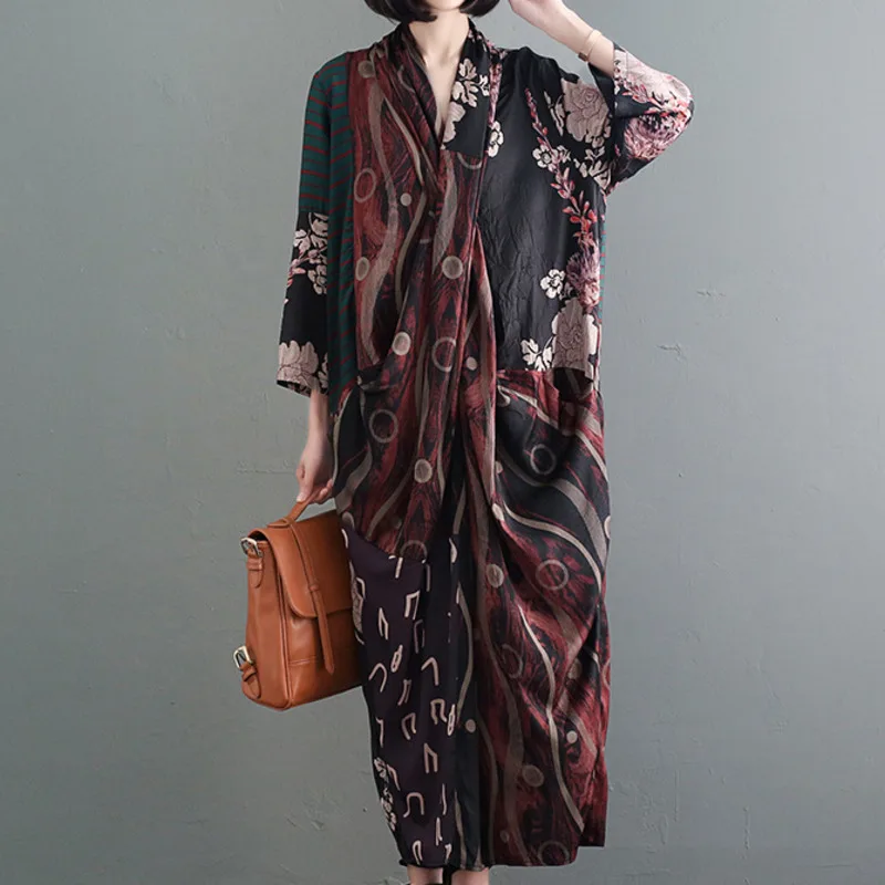 

Fashion Tide Autumn New Casual Fashion Retro Women Loose Plus Print Stitching Chest Cross Fishtail Dress TC325