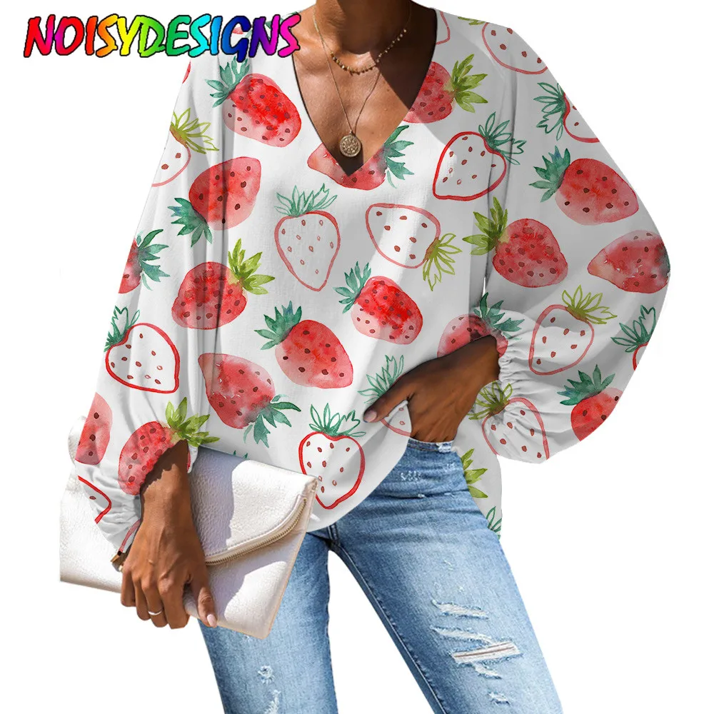 

NOISYDESIGNS 2020 New Fashion Strawberry Print Women Blouses Long Sleeve V Collar Chiffon Blouse Shirt Casual Tops Soft